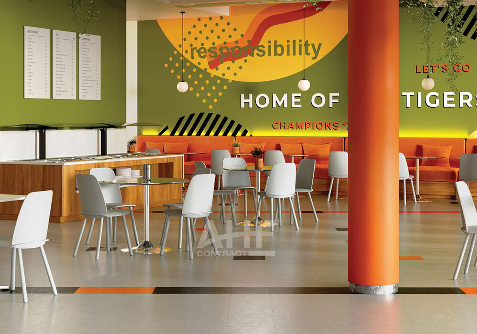 AHF Contract Highlights color Acropolis Apricot and Iliad colors Ermine White-Imperial Black in Cafeteria